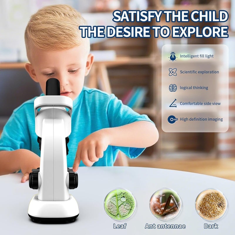 WSDMIC Microscope for Kids Scientific Experiment Kit 40X-1600X Magnification LED Light Educational STEM with Slides and Lab Tools Ages 6-12 (White) - Image 3